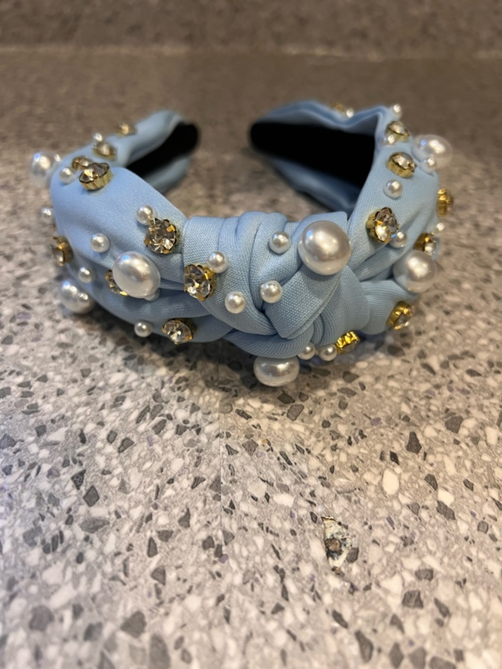 Pearl & Crystal Embellished Knotted Headband - Light Blue